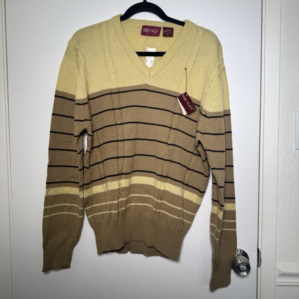 Park Place Men's Large VTG 90s V-Neck Pullover Sweater Brown Stripes